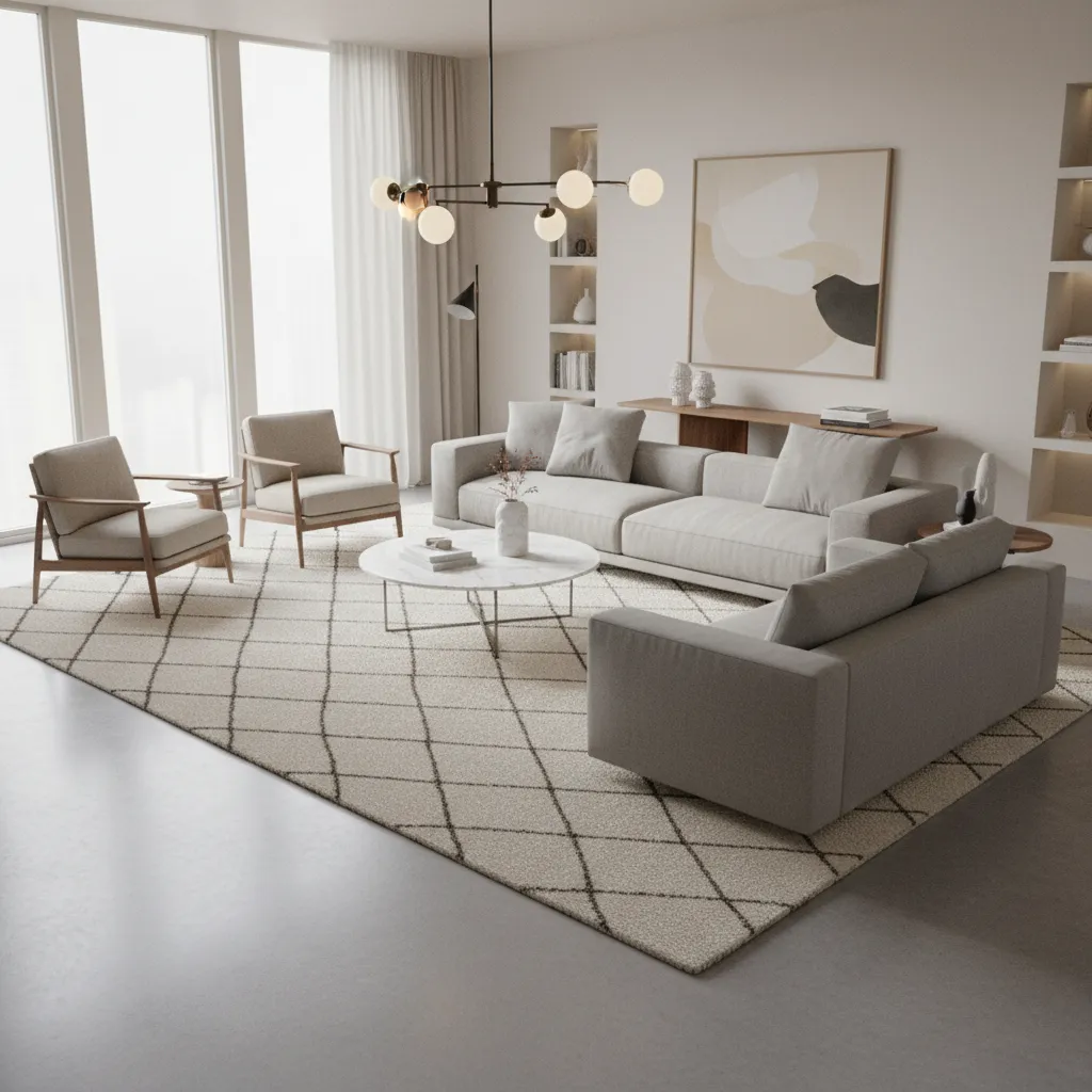 Large rug anchoring diagonal living room seating arrangement