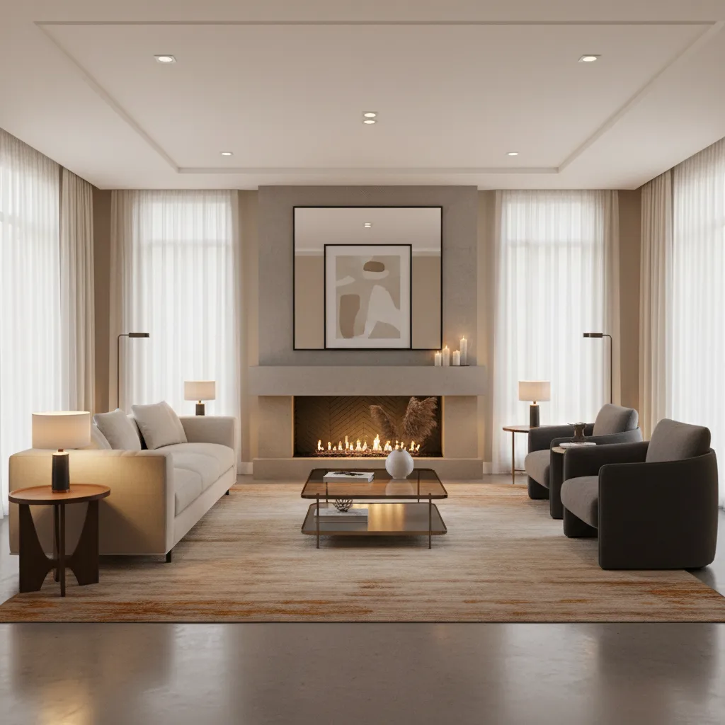 Living room rug and coffee table anchoring fireplace sofa layout