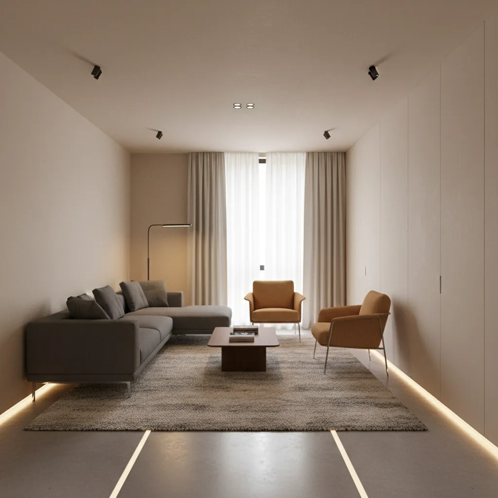 Living room rug placement guiding movement through narrow layout