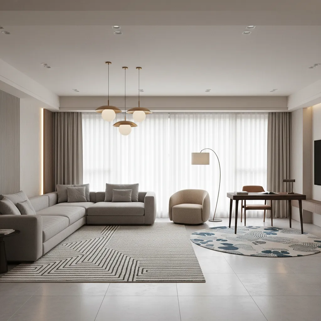 Area rugs and lighting defining zones in a large living room