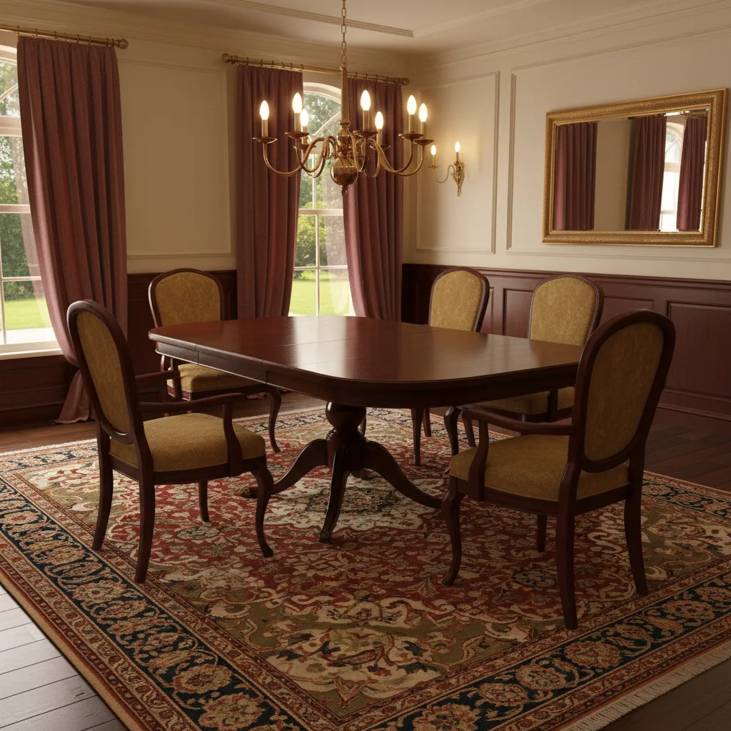 Traditional patterned rug helping balance colors around mahogany dining table