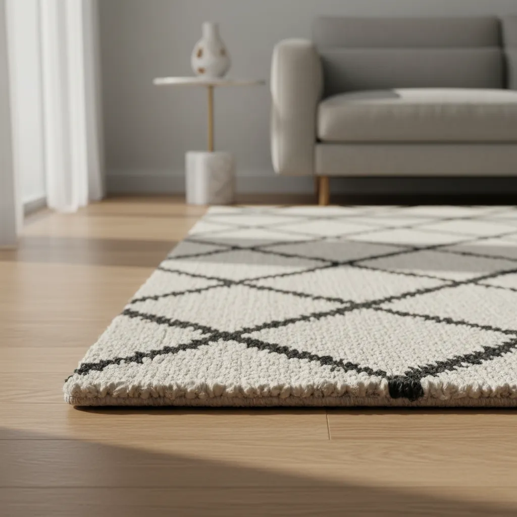Close view of a rug corner curling upward on a hardwood floor