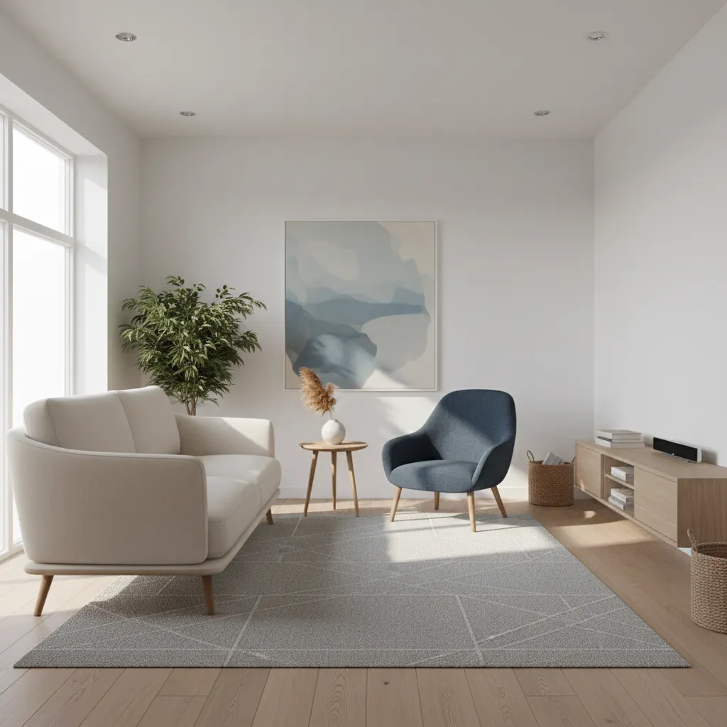 small living room rug leaving visible floor space around edges