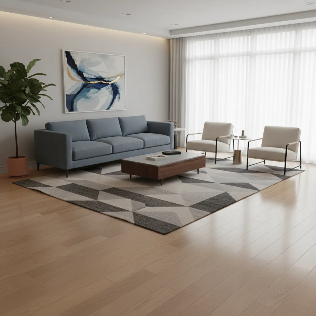 Area rug on hardwood floor showing slight edge lift from movement
