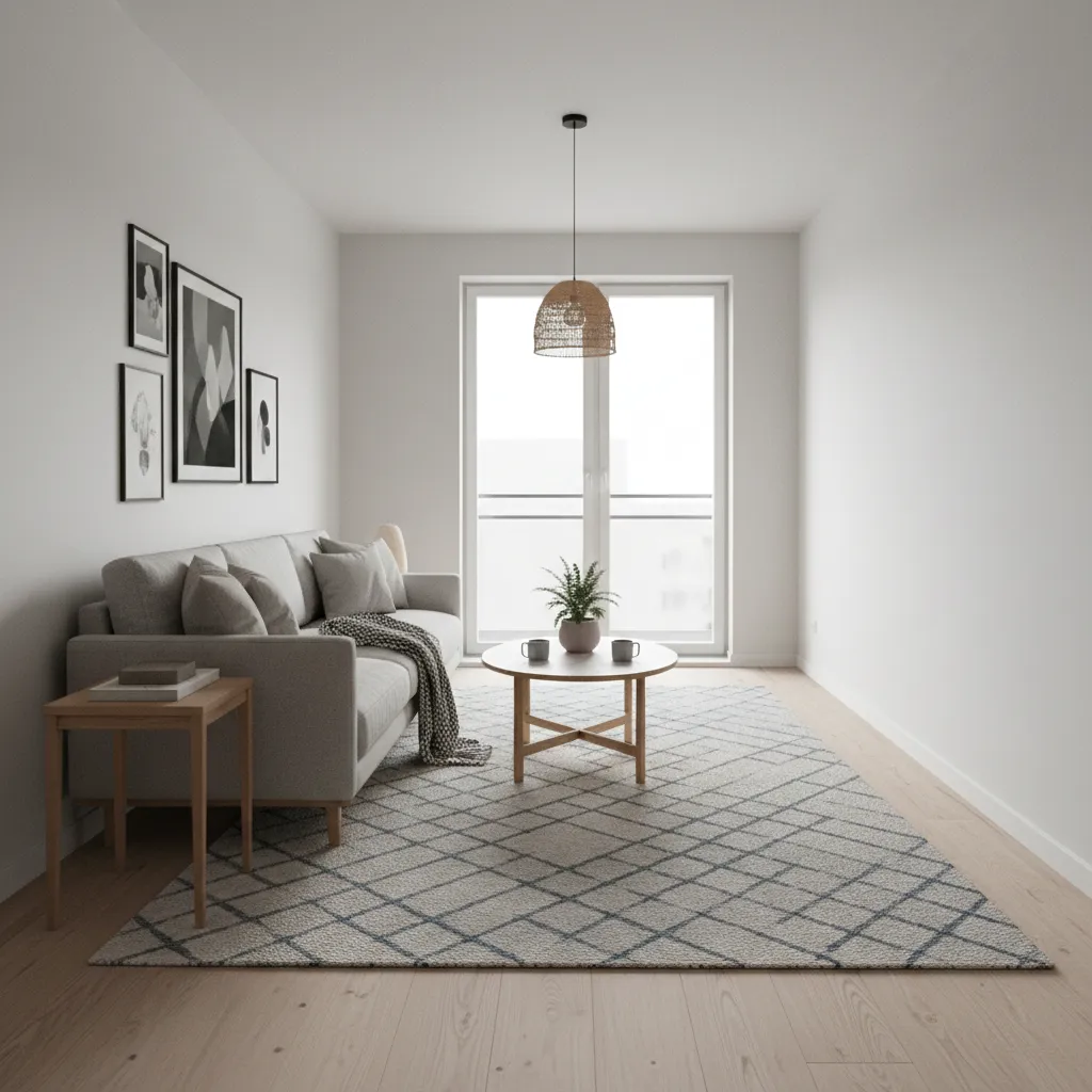 wide rug placed perpendicular in narrow living room to visually widen space