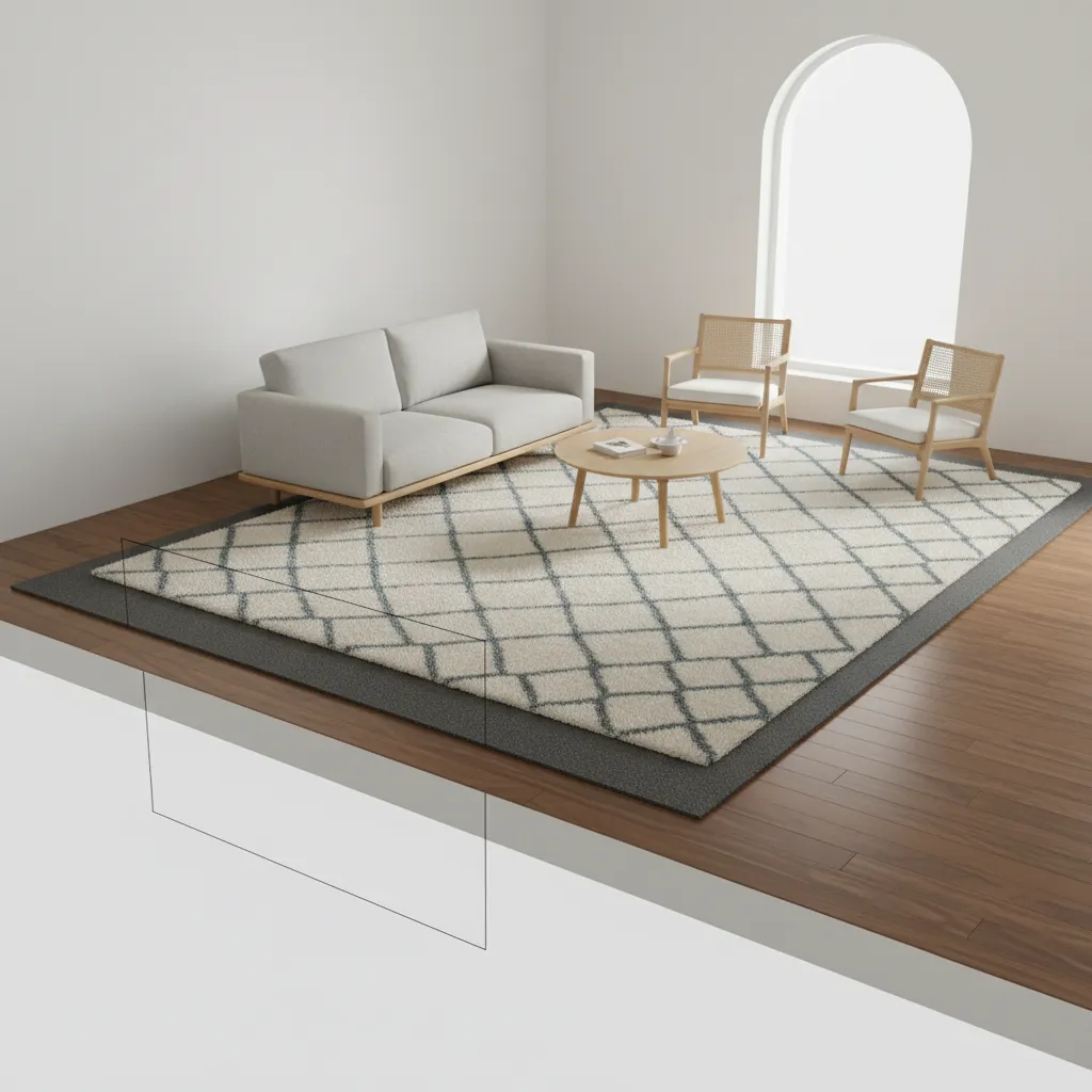 Diagram style interior showing rug pad underneath area rug on hardwood floor