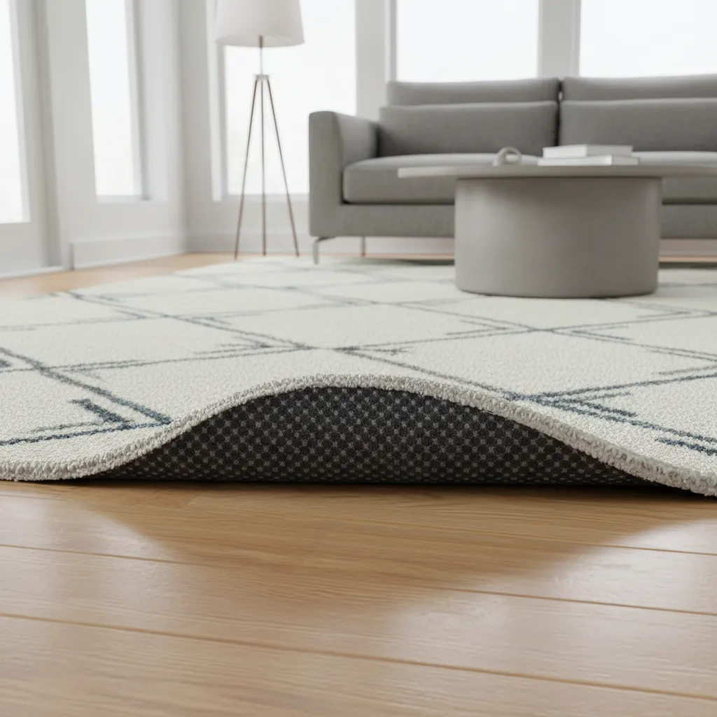 felt rubber rug pad placed under area rug on hardwood floor