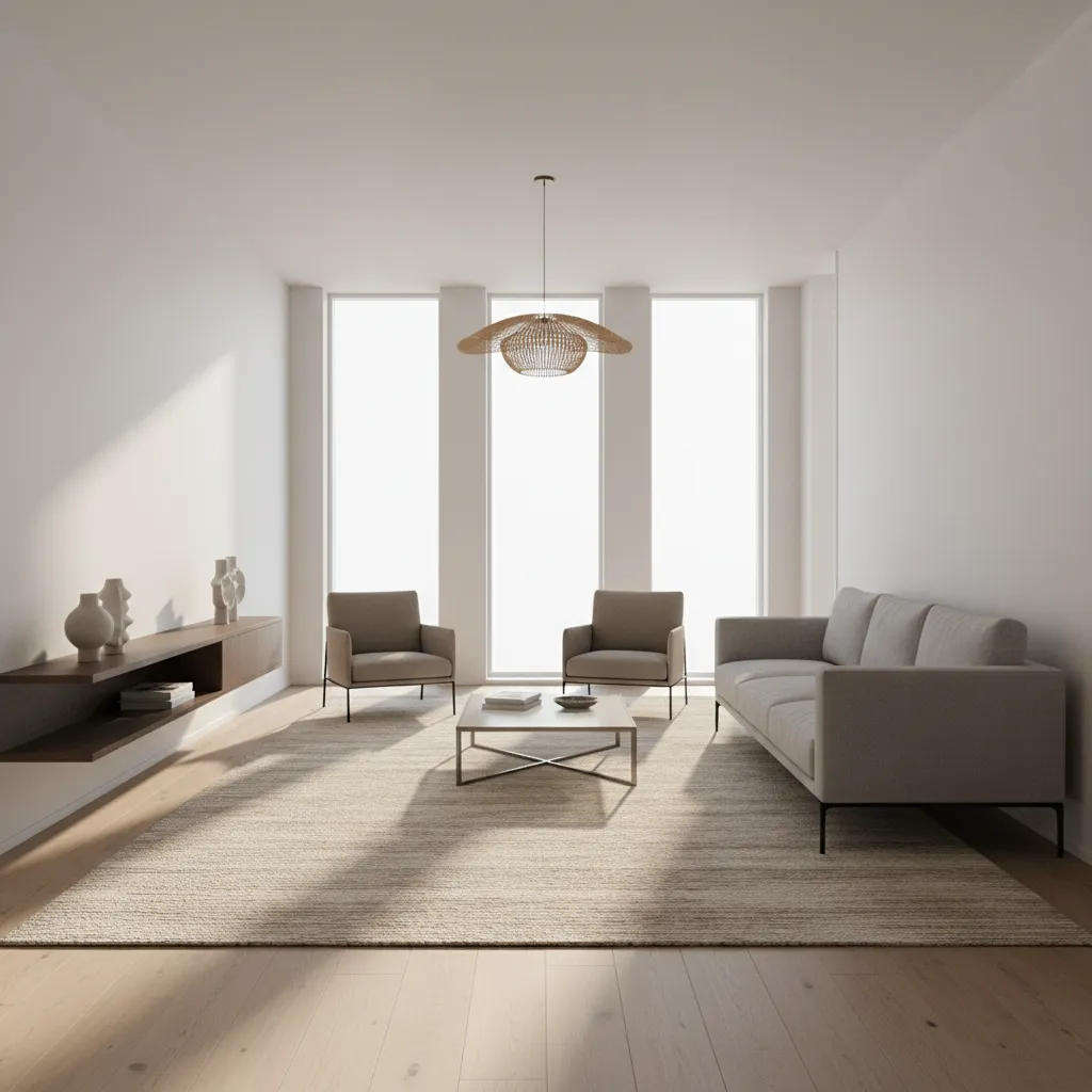 Large rug placed across narrow living room to balance proportions