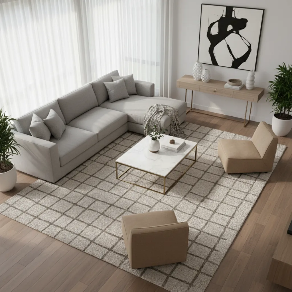 Large rug anchoring angled sofa with front legs placed on rug