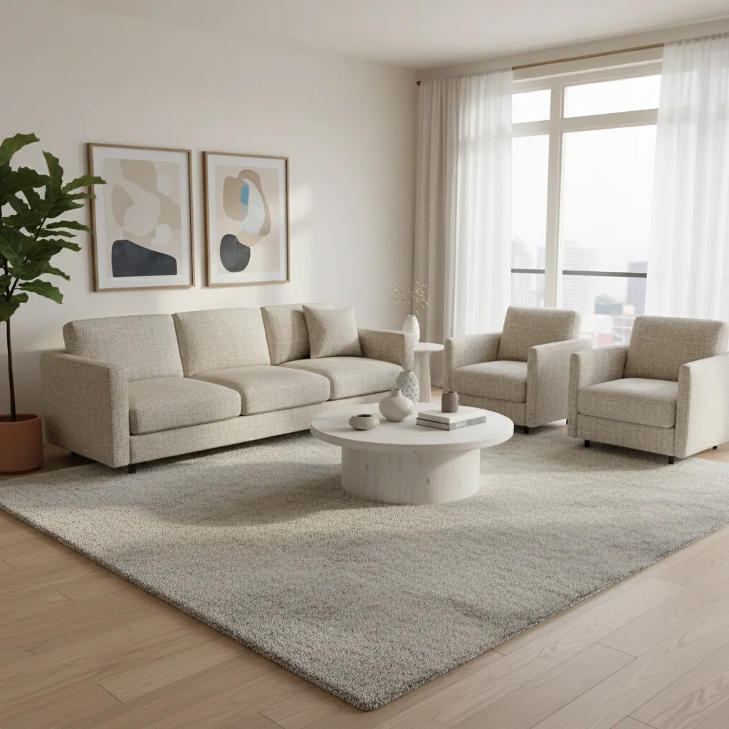 Sala con alfombra grande correctamente colocada bajo el sofá