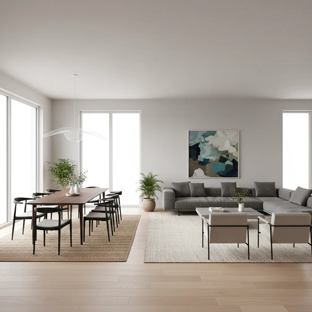 Area rugs defining separate living and dining zones