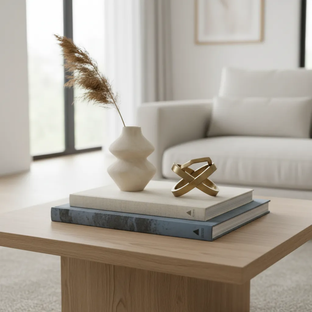 Coffee table decor arranged using the rule of three with books vase and sculpture
