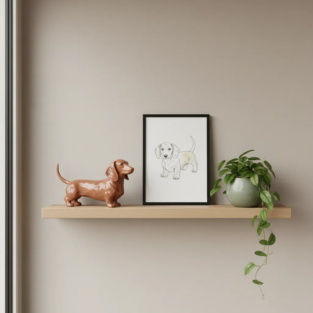 Shelf styled using rule of three with dachshund sculpture art and plant