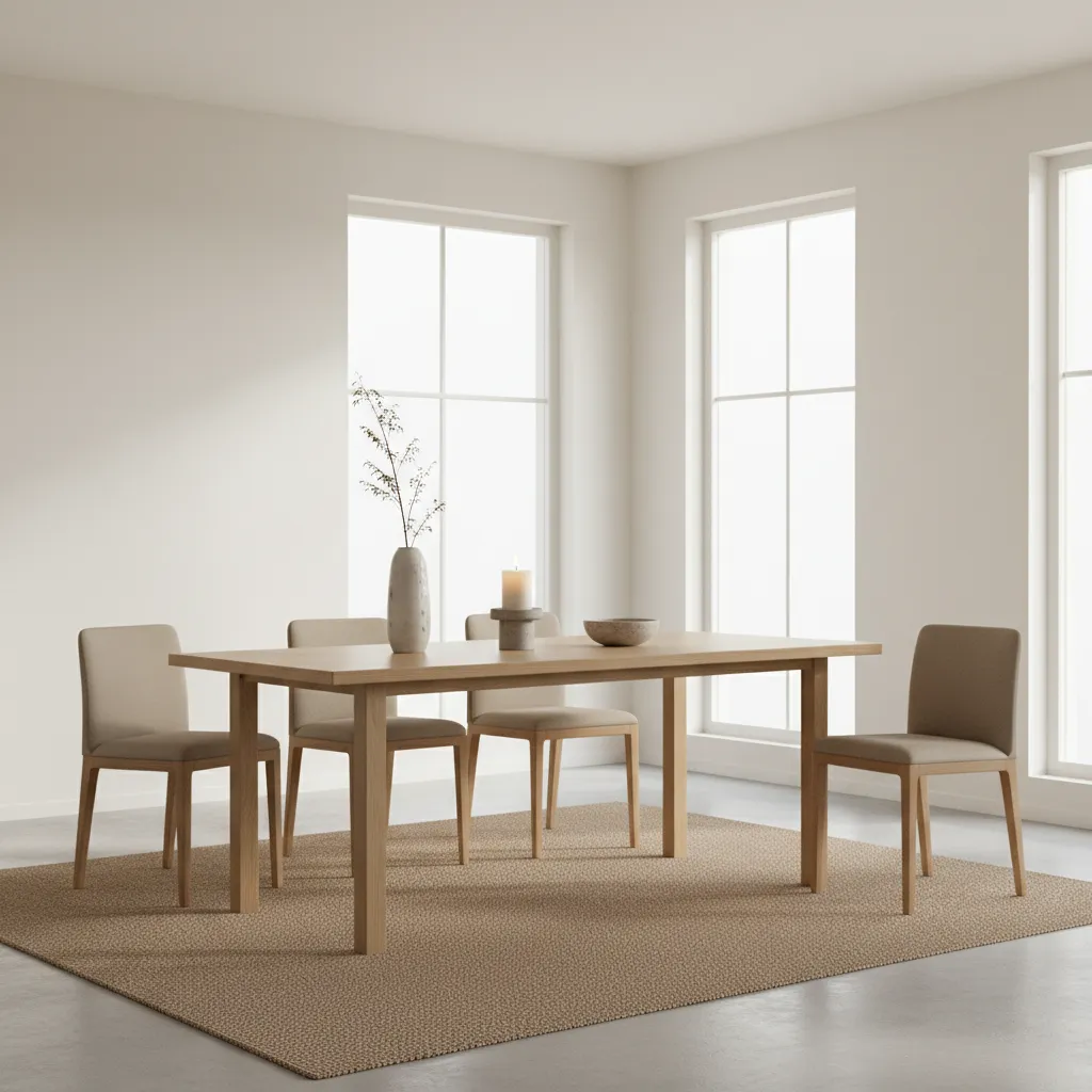 Dining table styled with three decor objects demonstrating rule of three