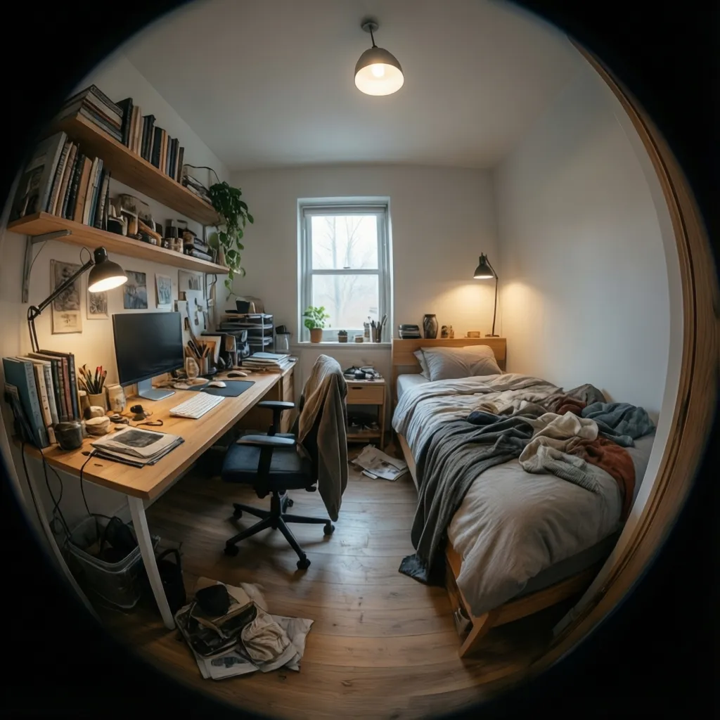 Small bedroom interior design showing wooden desk with computer bed bookshelf and light wood floor
