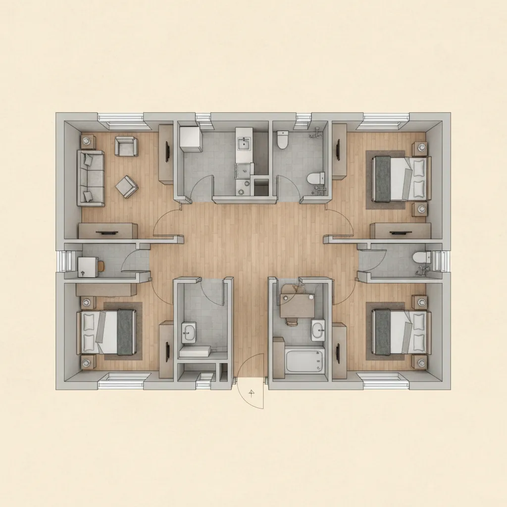 Top view interior design drawing showing three bedroom apartment layout with living room and bathrooms