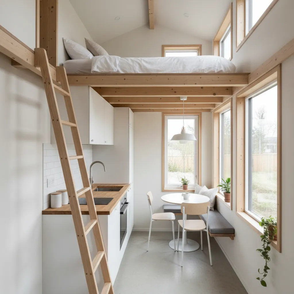 Modern tiny house interior with wooden loft bed, ladder, white kitchen, dining table, and windows