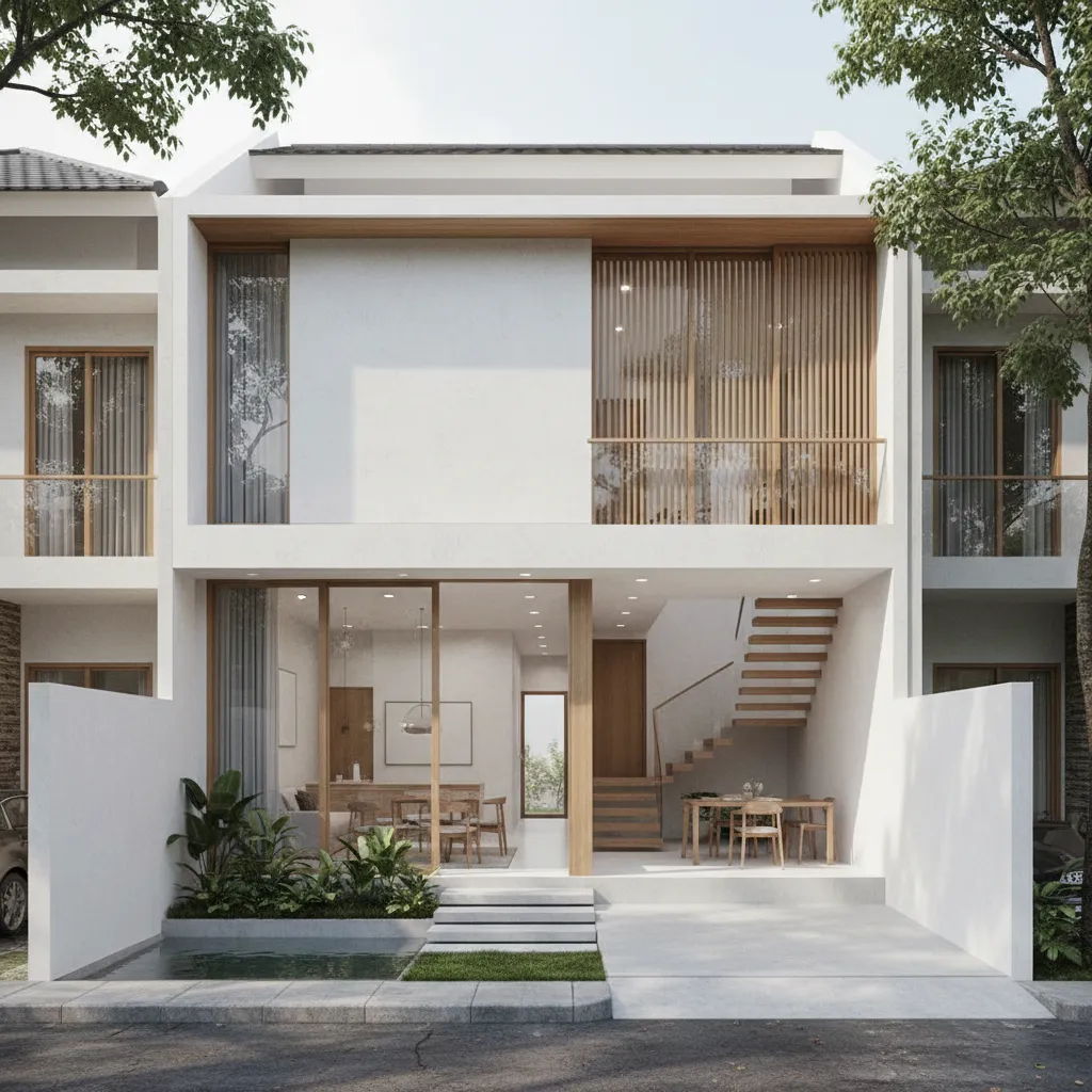 Modern white two story house with large glass windows wooden stairs and front yard plants