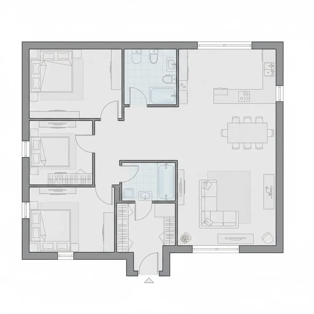 Ilustrasi tata ruang rumah 8 x 12 dengan tiga kamar tidur