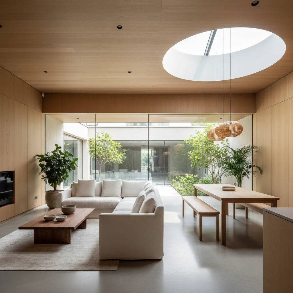 Interior rumah kecil dengan ruang tamu dan ruang makan terbuka