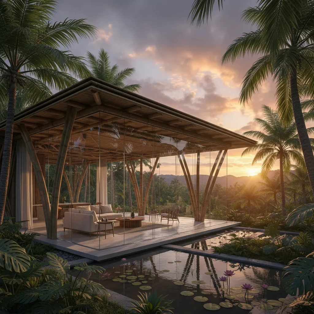 Rumah bambu modern dipadukan dengan kaca besar