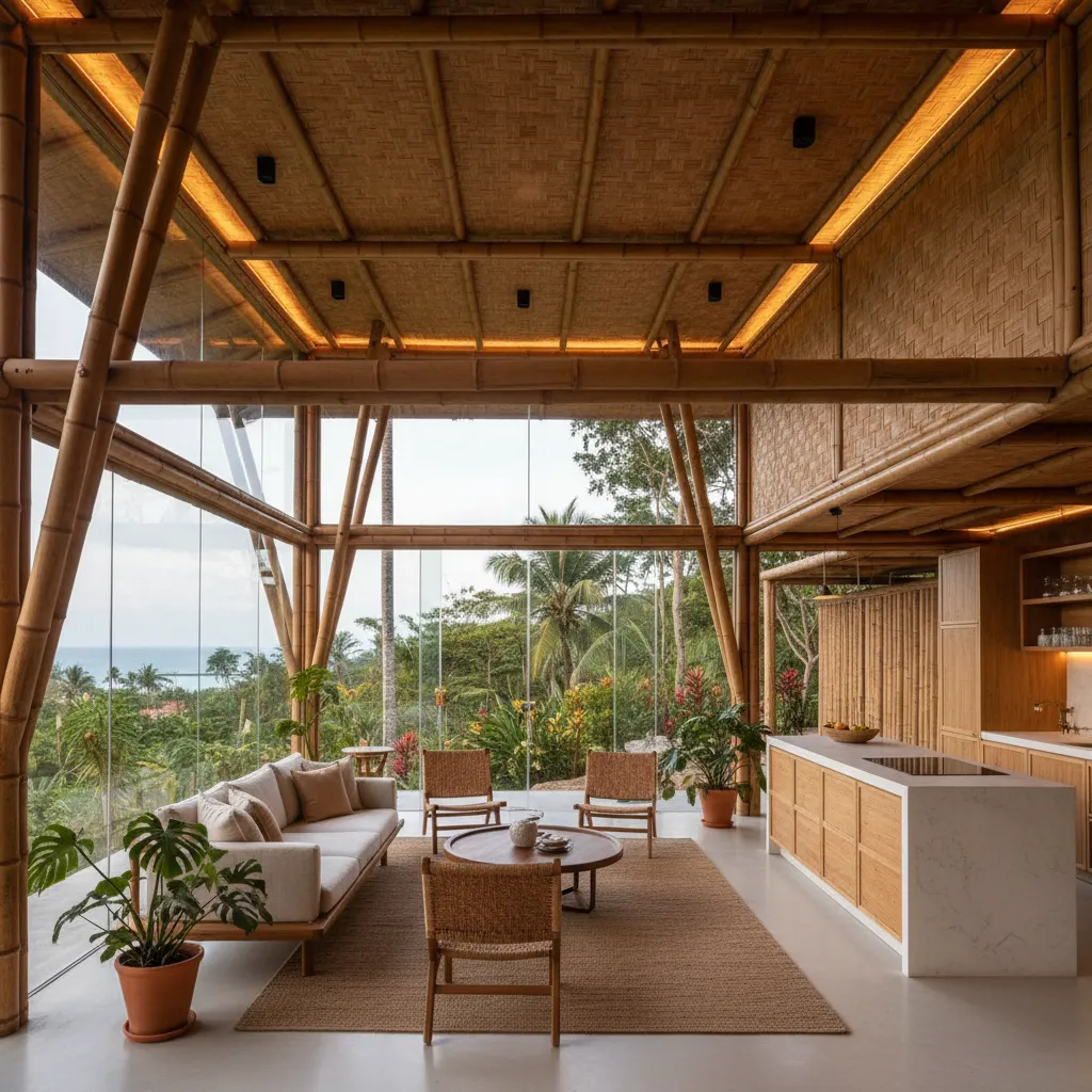 Interior rumah bambu modern dengan jendela besar