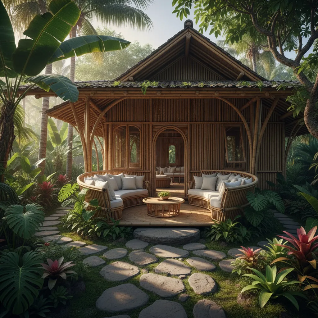 Rumah bambu tropis dengan taman hijau