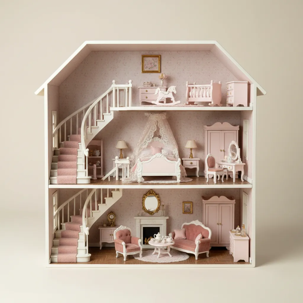 Rumah Barbie bertingkat tiga dengan tangga dan balkon mini
