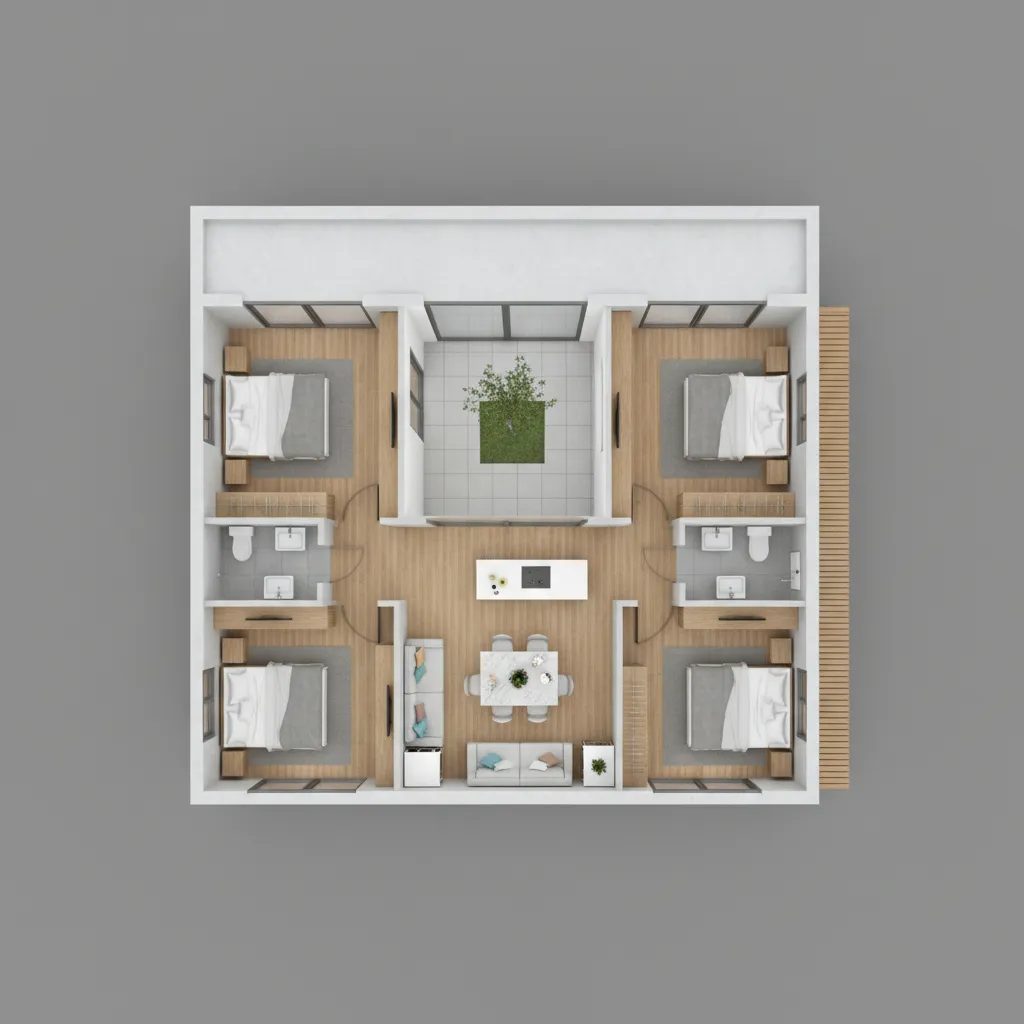 Visualisasi rumah bentuk L di lahan sempit