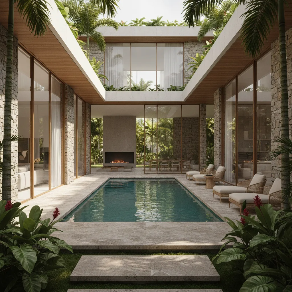 Luxurious courtyard swimming pool with stone walls and glass windows showing a cozy outdoor fireplace