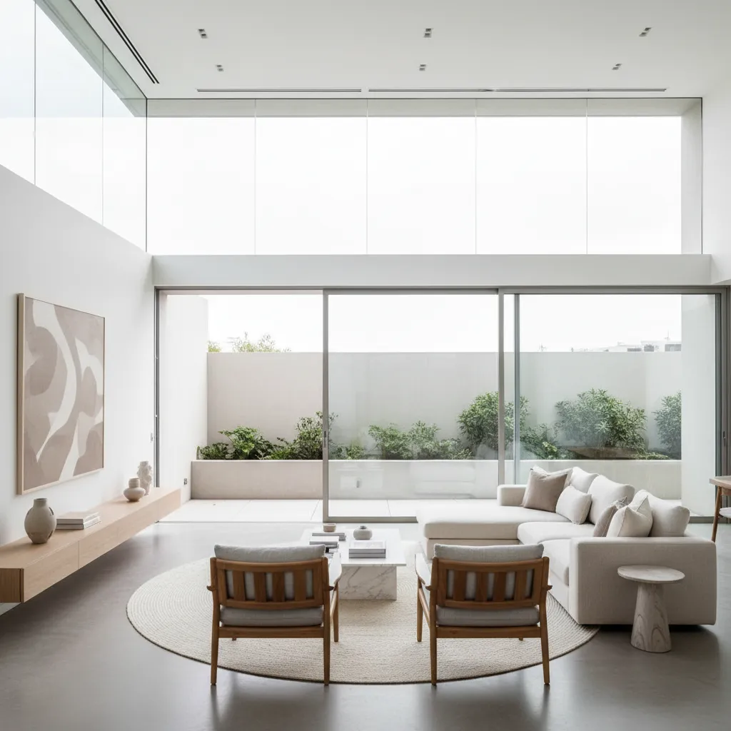 Bright modern living room with large windows white sofa round rug and outdoor garden view