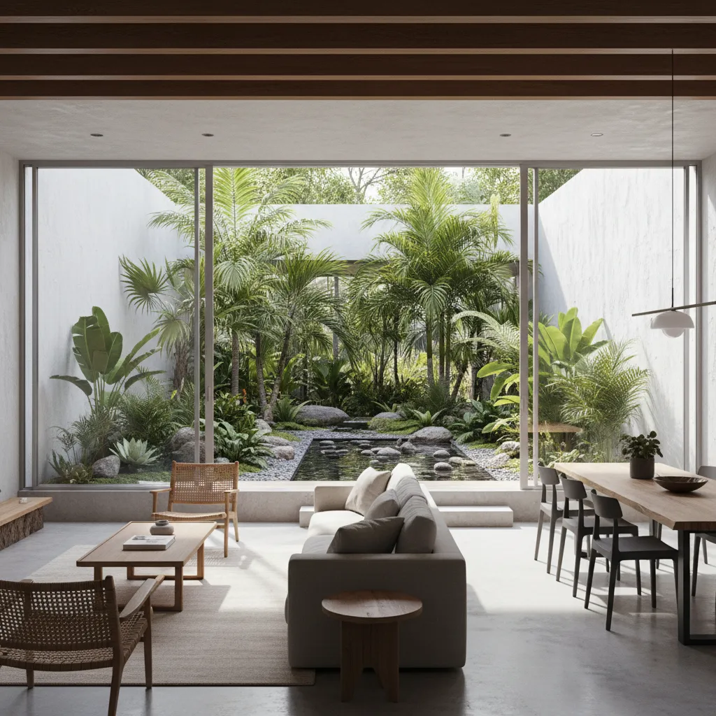 Modern living room with grey sofa wooden dining table and large windows facing indoor garden