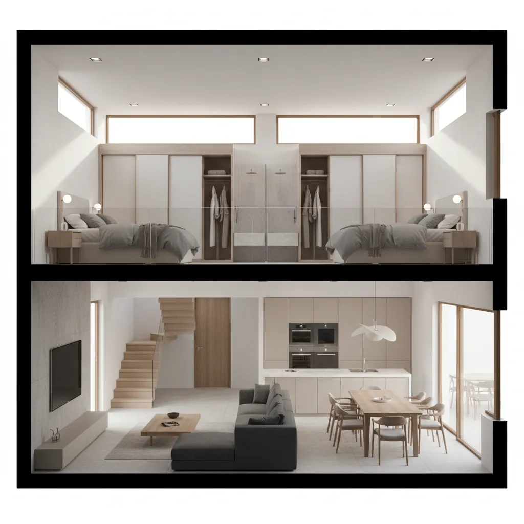 Visualisasi rumah dua lantai dengan banyak kamar
