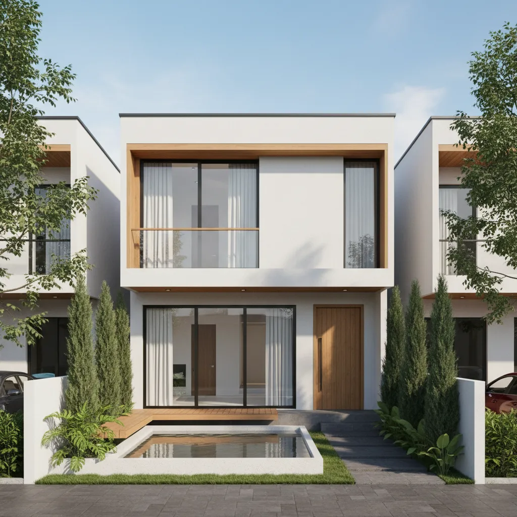 Modern white house with wooden door glass windows small pool and green trees in front
