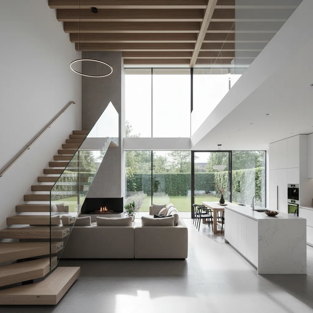 Interior rumah dua lantai dengan tangga modern dan ruang terbuka