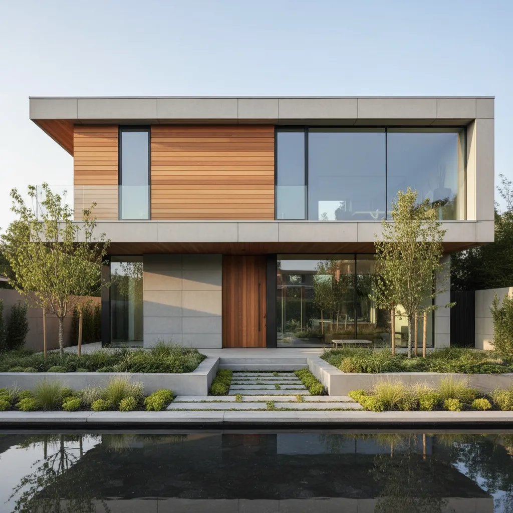 Modern two floor house with wood and grey walls, large windows, and reflection in water