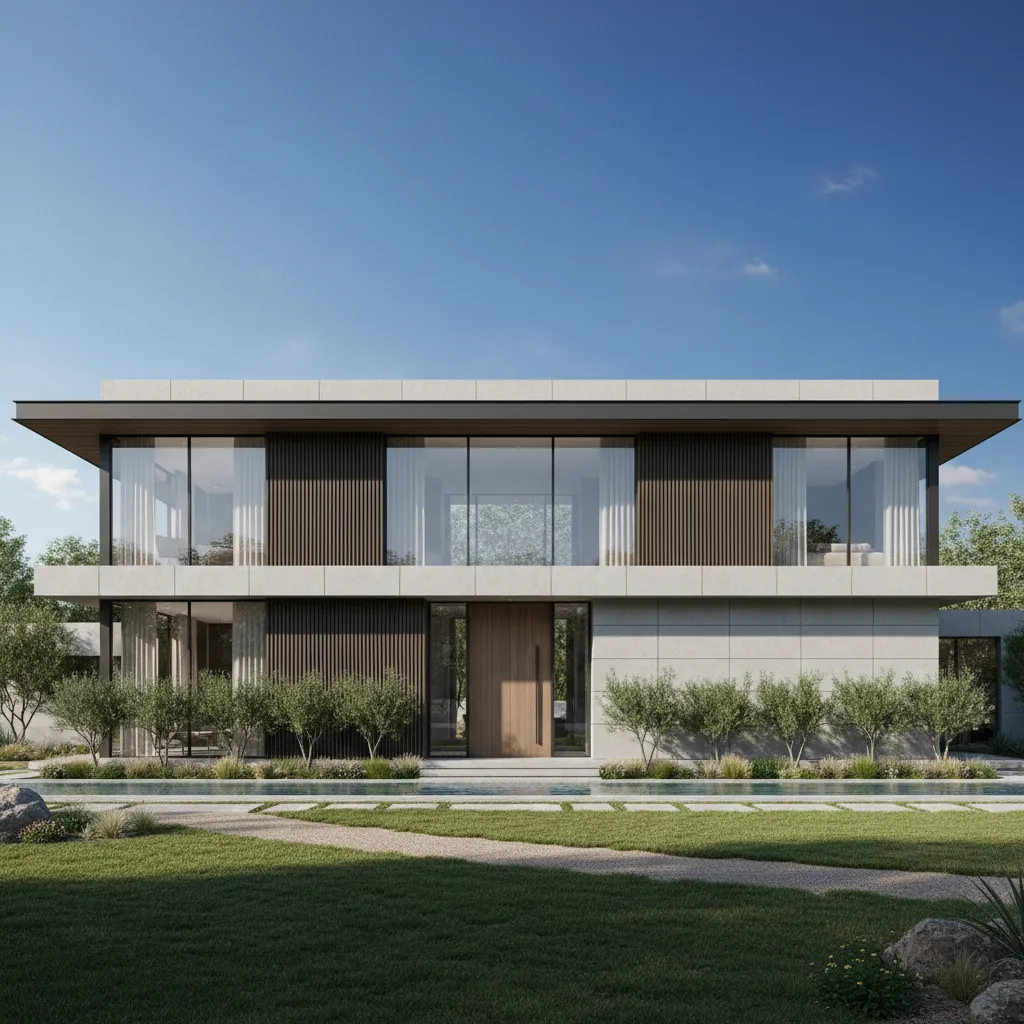 Modern two floor house with large glass windows wooden door stone walls small swimming pool