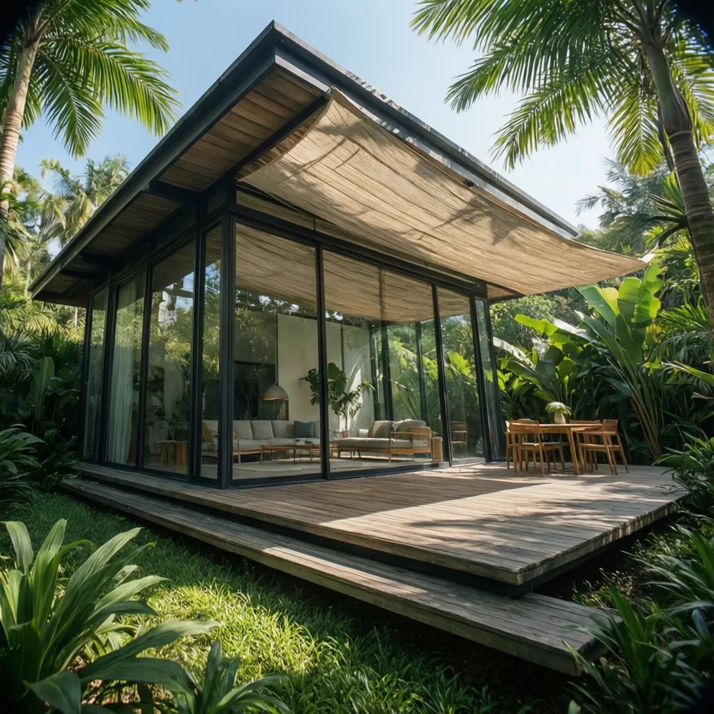 Rumah kaca modern dengan kanopi untuk mengurangi panas