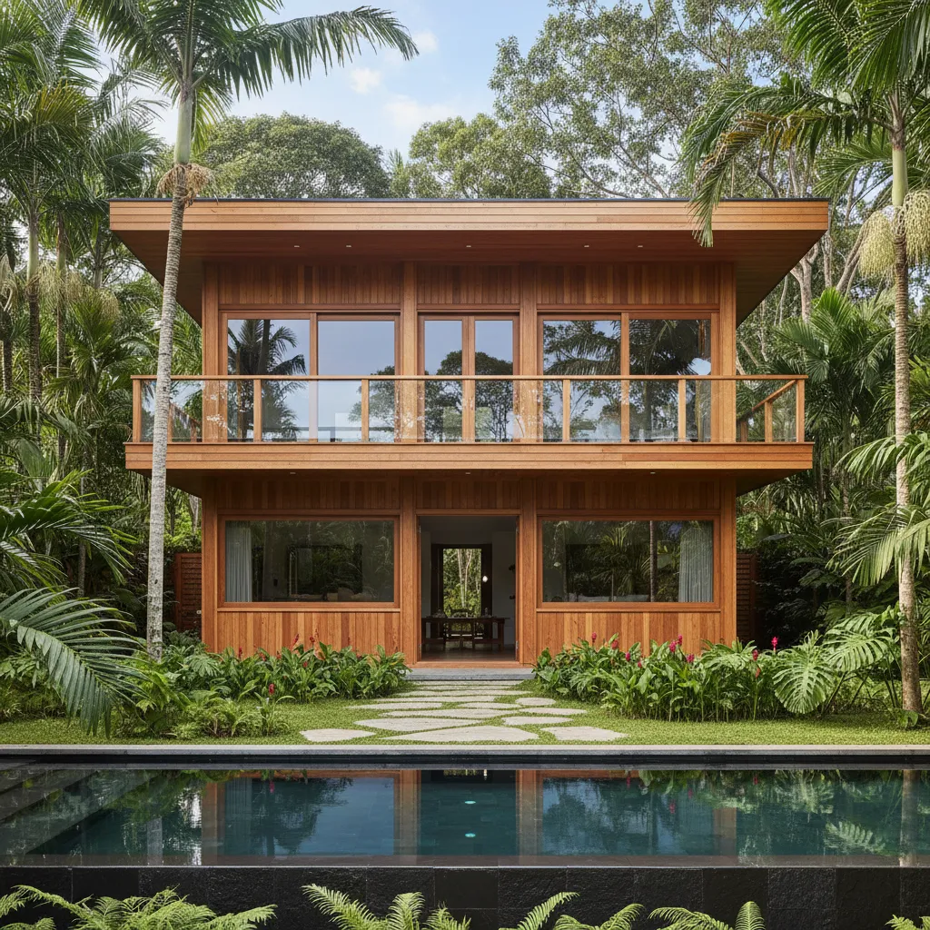 Rumah kayu dua lantai dengan balkon kecil