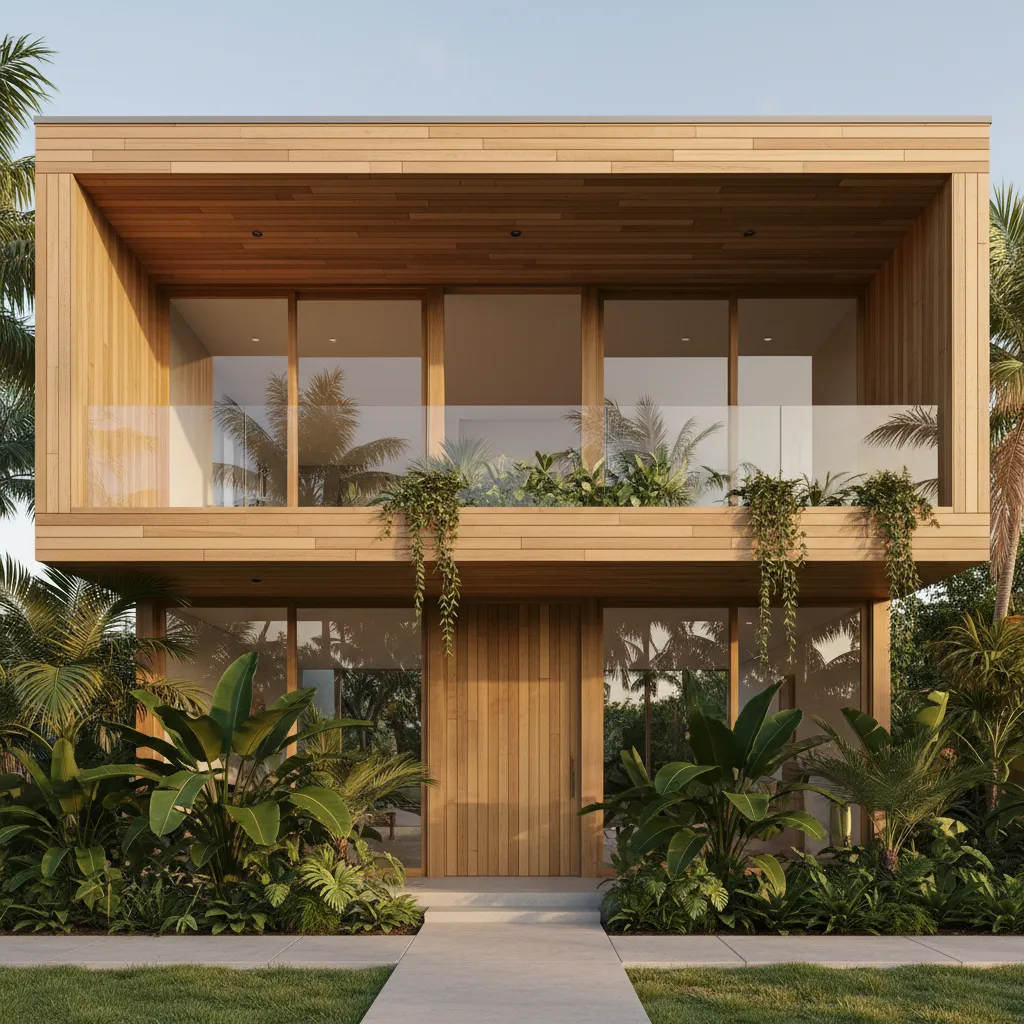 Rumah kayu dua lantai dengan balkon dan jendela besar