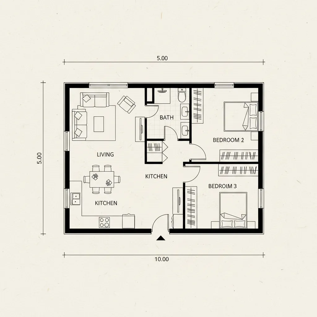 Contoh denah rumah kecil tiga kamar yang padat