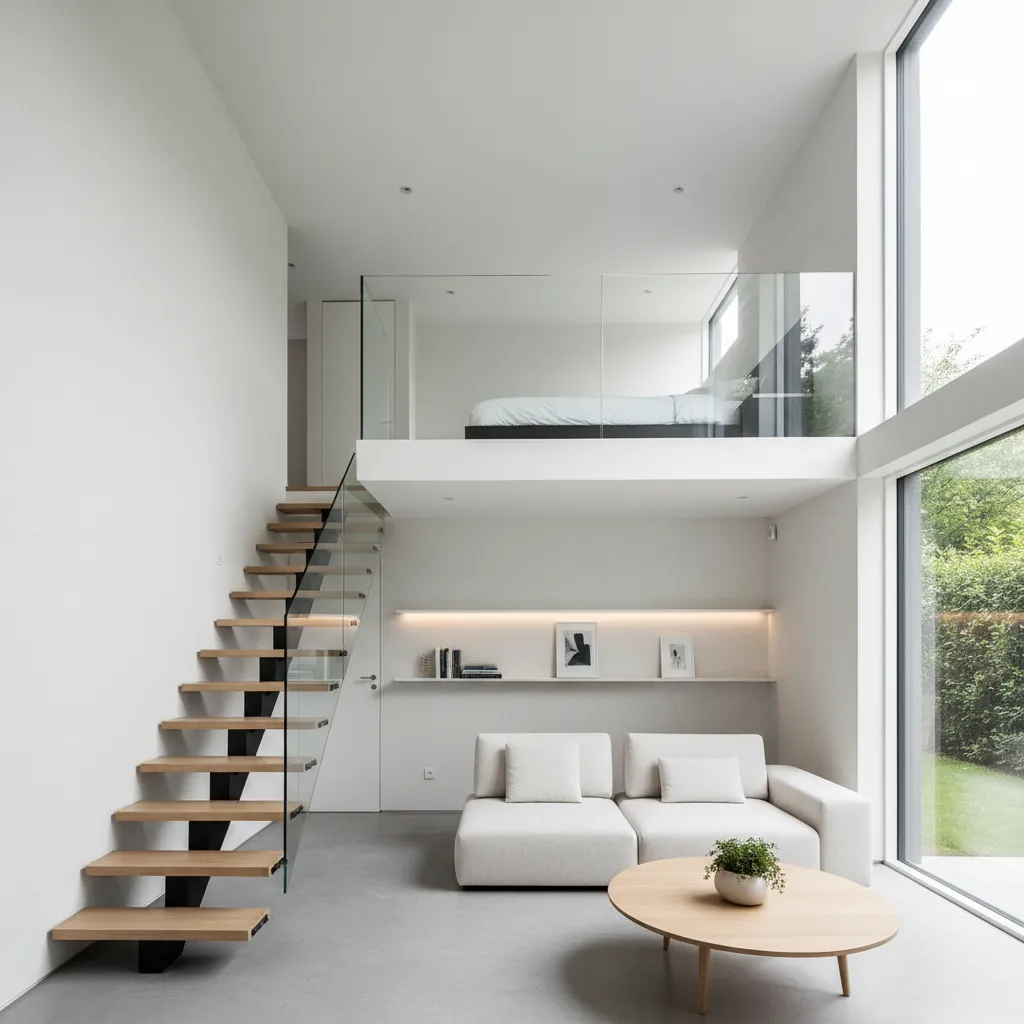 Minimalist living area with white sofa wooden coffee table stairs and bed on the loft