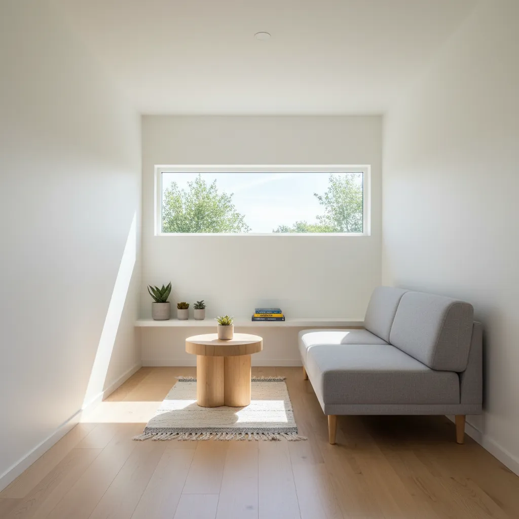 Minimalist room with white walls wood floor grey sofa small wooden table and horizontal window
