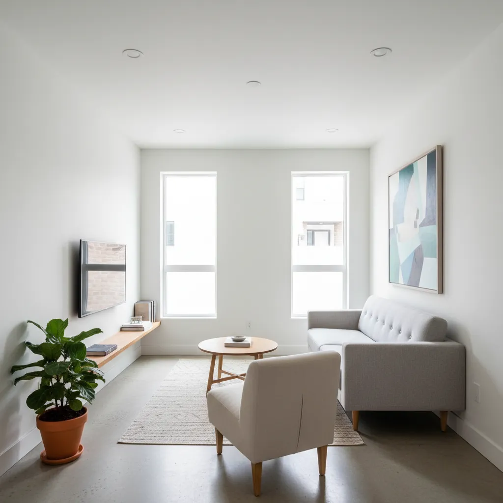 Bright minimalist living room with grey sofa armchair wooden coffee table and art between windows