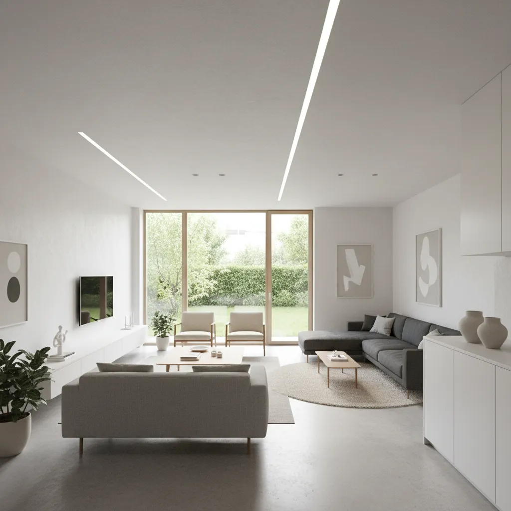 Interior rumah kecil dengan ruang tamu dan ruang keluarga terbuka