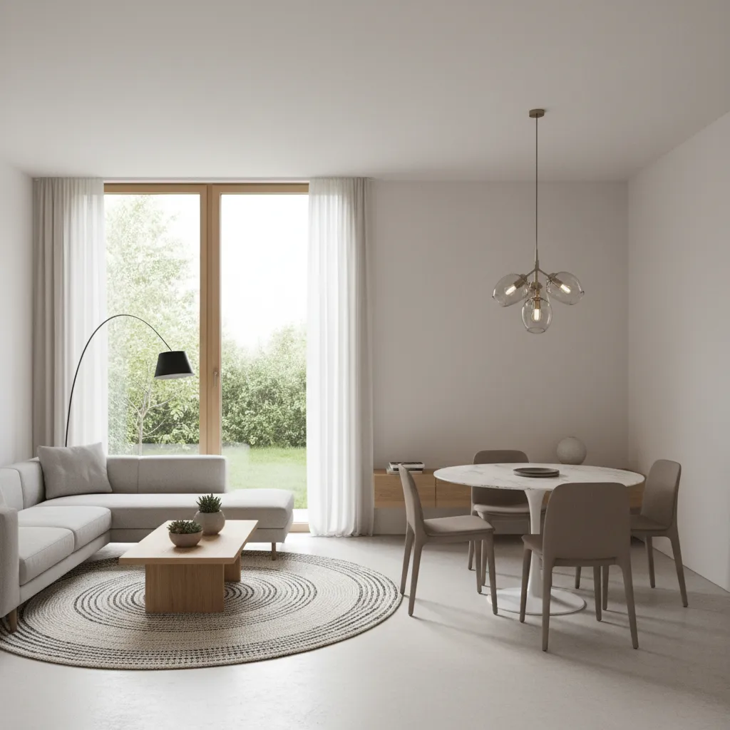 Minimalist open plan living dining room with grey sofa white walls and round marble table