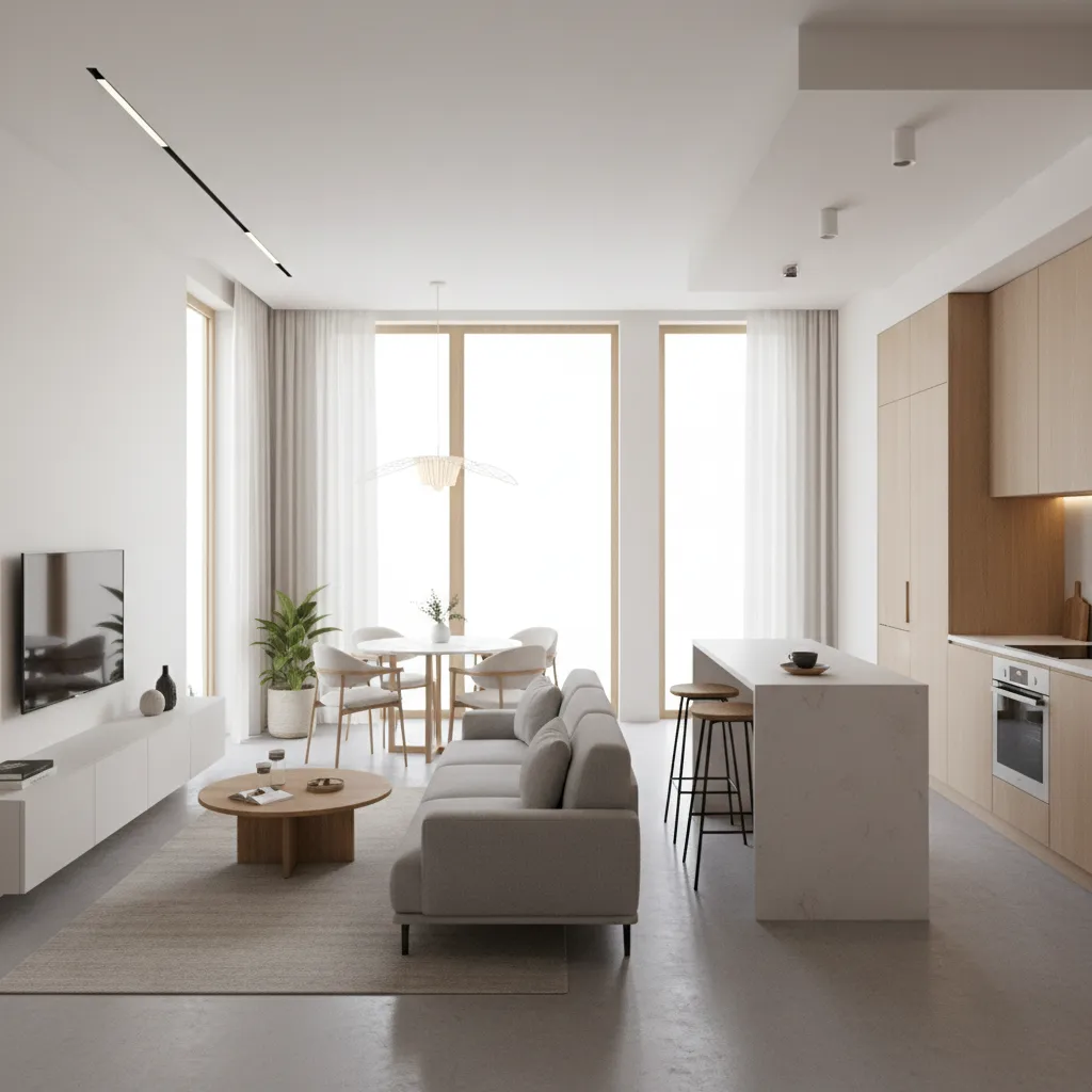 Modern open living room with grey sofa wooden table kitchen island dining set and large windows