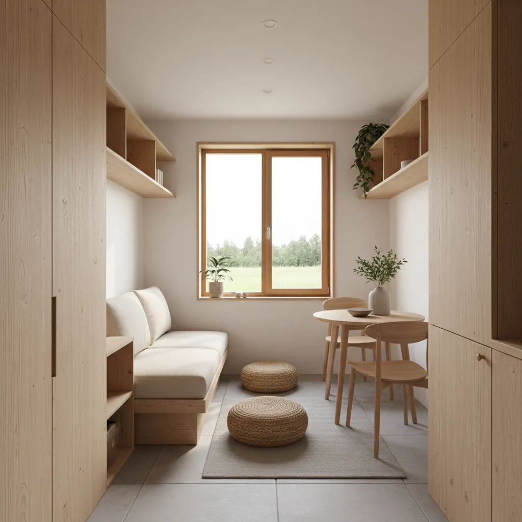 Cozy small room with white sofa wooden table two chairs window and light wood cabinets