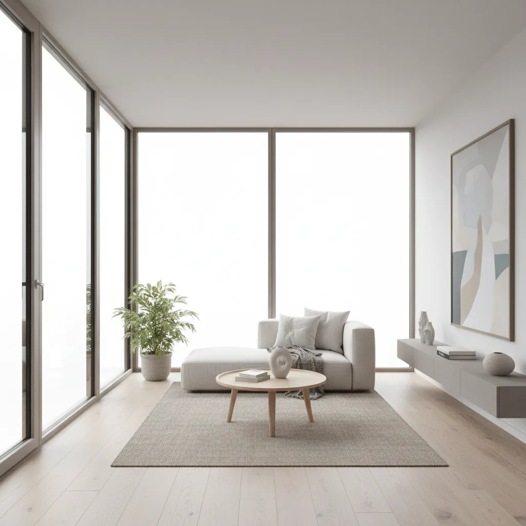 Interior rumah kecil dengan jendela besar dan cahaya alami