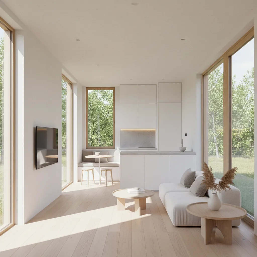 Interior rumah kecil dengan jendela besar dan pencahayaan alami